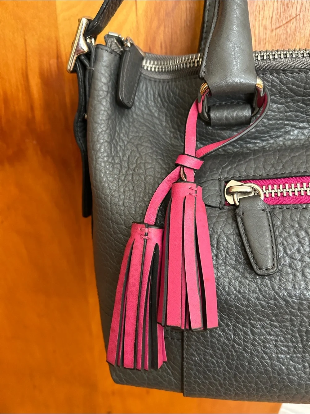 COACH Charcoal Grey Pebbled Leather Satchel with Pink Trim